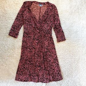 Pink and brown faux wrap poly dress, size 10
